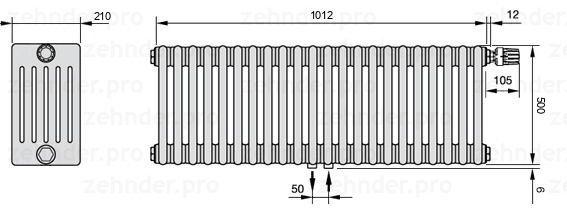 Схема (чертеж) Радиатор Zehnder Charleston 6050/22 №V008 Белый глянцевый RAL 9016